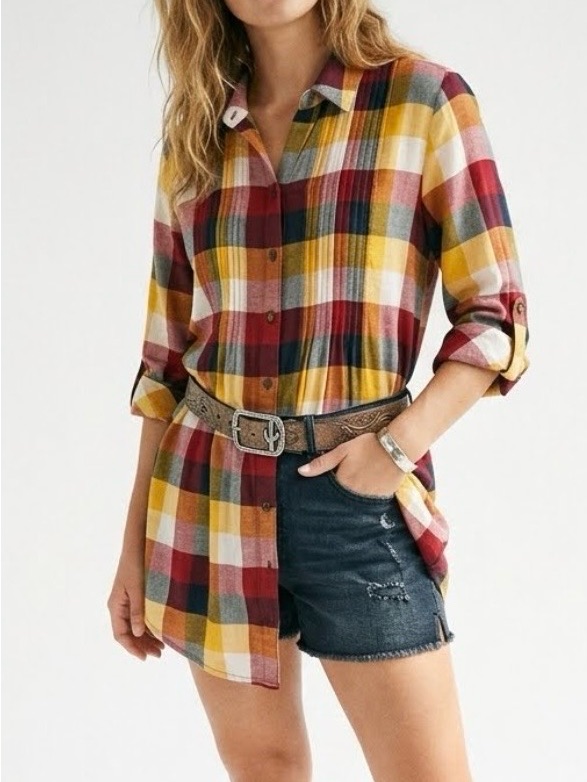 Christopher & Banks Plaid Pintuck Blouse Roll Tab 3/4 Sleeve Cotton Small